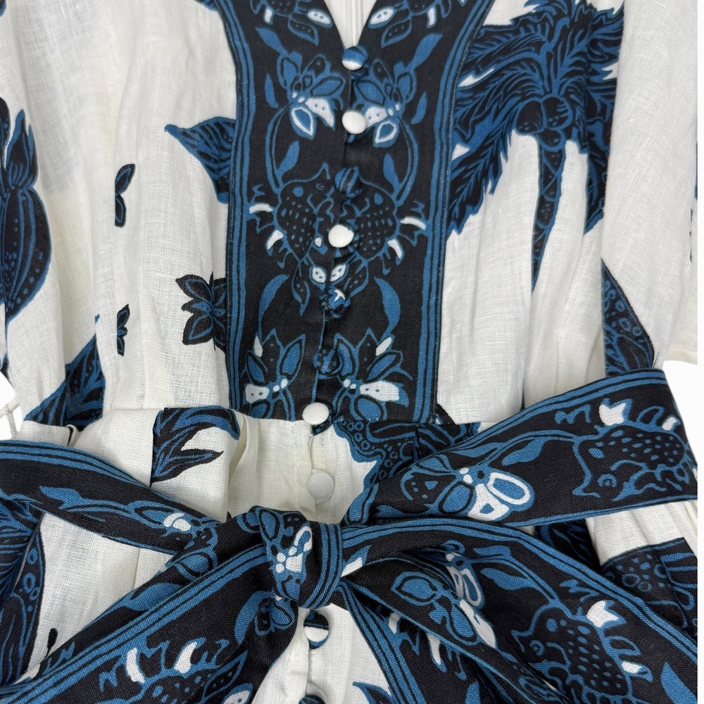 BANANA REPUBLIC Linen Balloon Sleeve Mini Dress Blue Butterfly Palm Print Size 4 - Picture 3 of 15